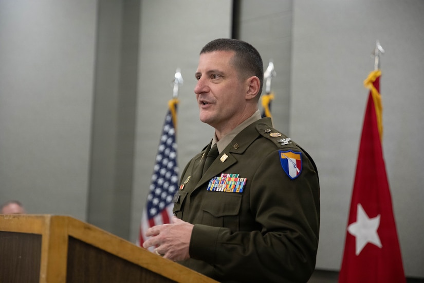U.S. Army Lt. Col. Michael Sharp spoke to family, friends and colleagues during a promotion ceremony at the Boone National Guard Center in Frankfort, April 24.