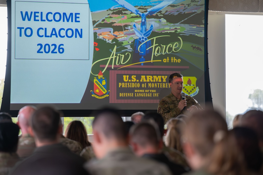 U.S. Air Force Col. Jason Guyette, 517th Training Group commander, gives opening remarks for the Cryptologic Language Analyst Convention at Defense Language Institute, Presidio of Monterey, Calif., May 13, 2026.
