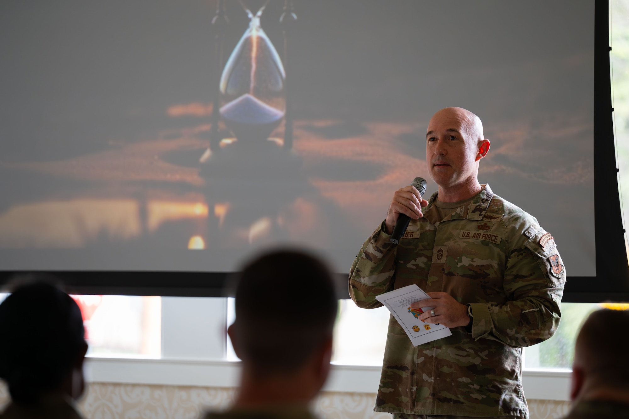 U.S. Air Force Chief Master Sgt. Stefan Blazier, Deputy Chief of Staff for Intelligence, Surveillance and Reconnaissance senior enlisted leader, speaks during the Cryptologic Language Analyst Convention at the Defense Language Institute, Presidio of Monterey, Calif., May 13, 2026.