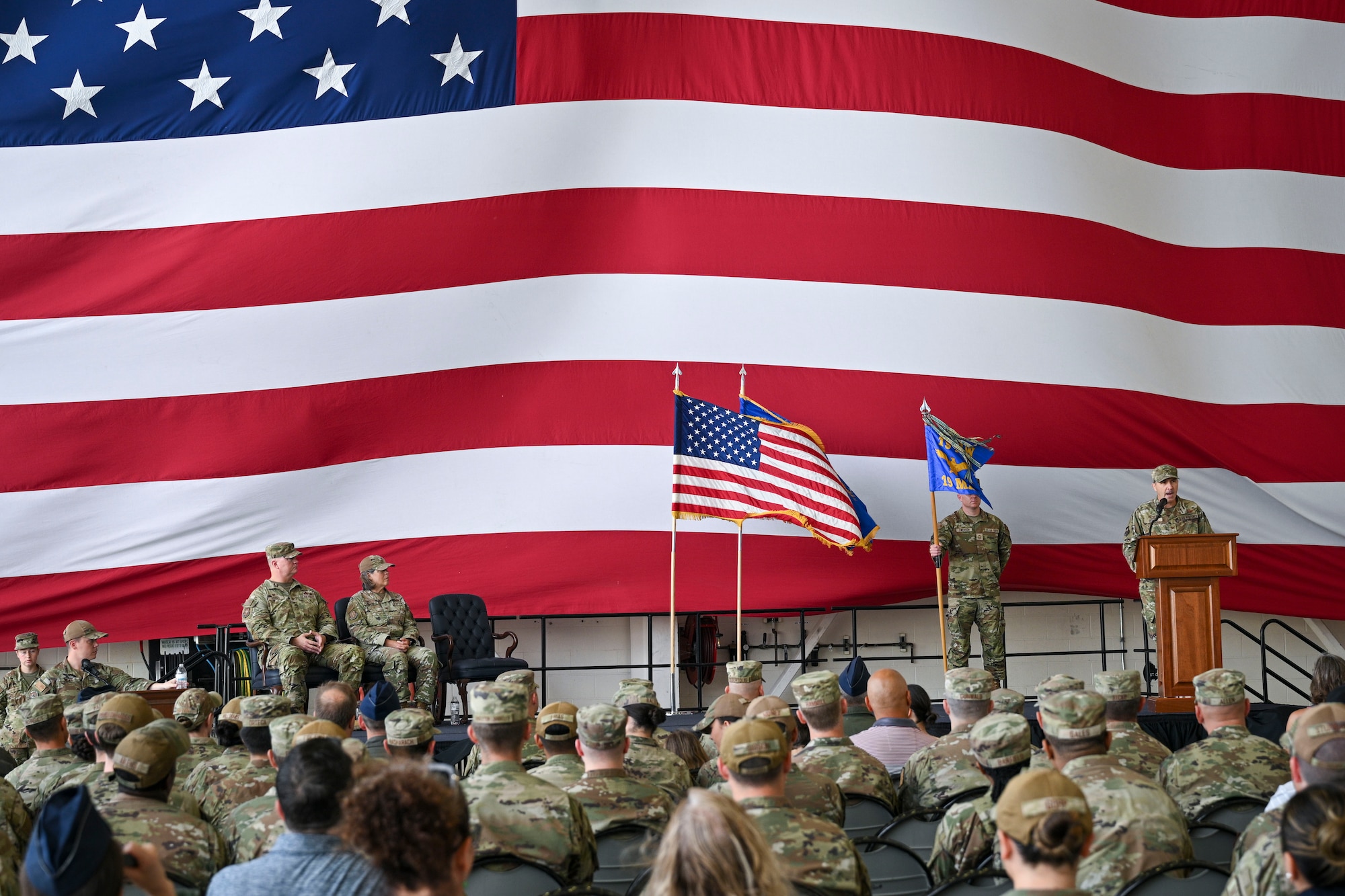 U.S. Air Force Col. Bret Echard, delivers remarks during a ceremony.