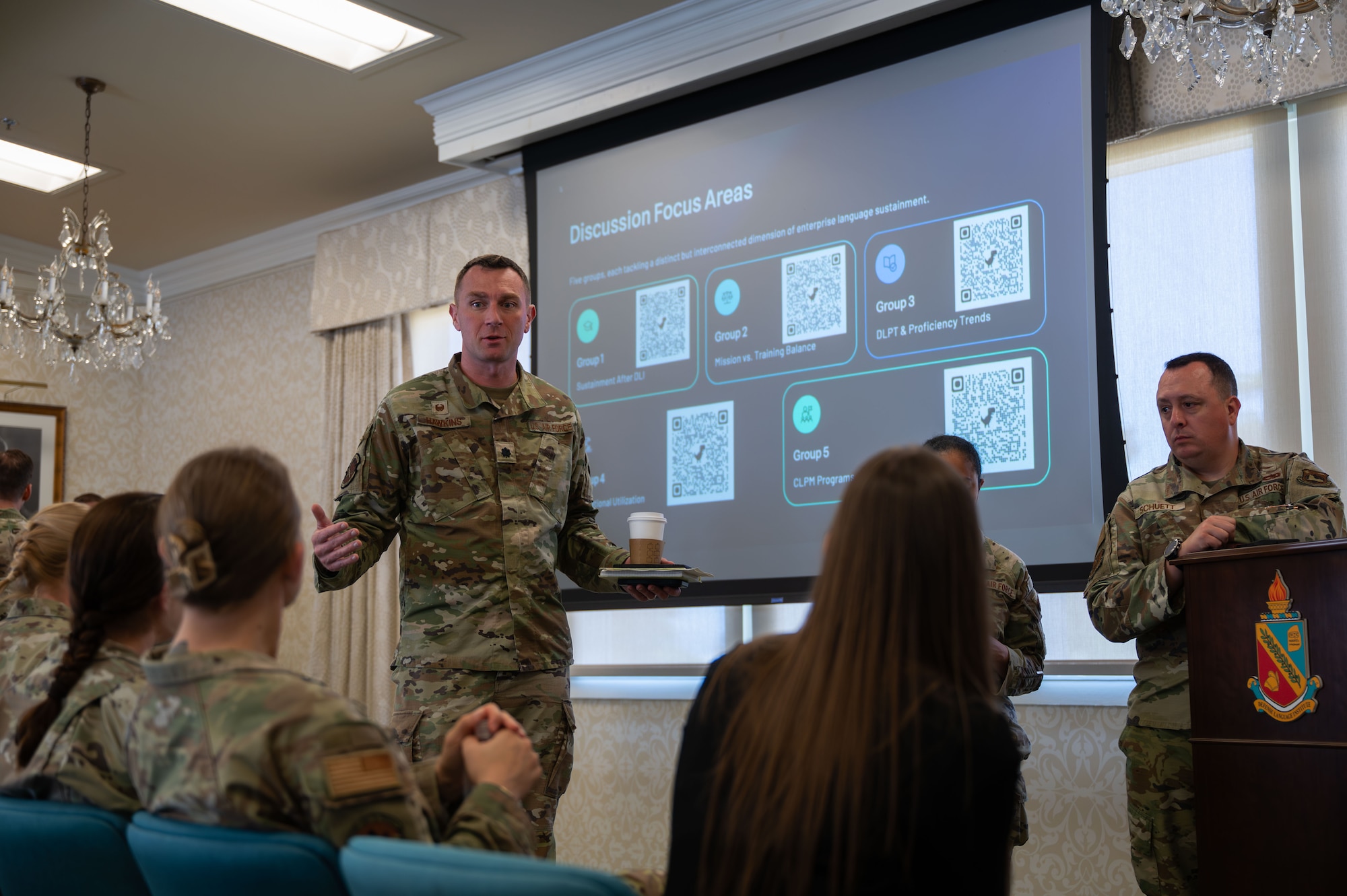 U.S. Air Force Lt. Col. Kevin Hawkins, 314th Training Squadron commander, participates in a group discussion during the Cryptologic Language Analyst Convention at Defense Language Institute, Presidio of Monterey, Calif., May 13, 2026.