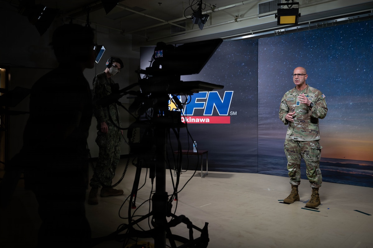 Chief Master Sergeant of the Space Force John Bentivegna records a message for the Armed Forces Network at Camp Foster, Japan, June 11, 2026. The visit provided insight into how AFN informs, connects and supports service members, families and Department of Defense personnel stationed throughout the Indo-Pacific. (U.S. Air Force photo by Airman 1st Class Nathaniel Jackson)