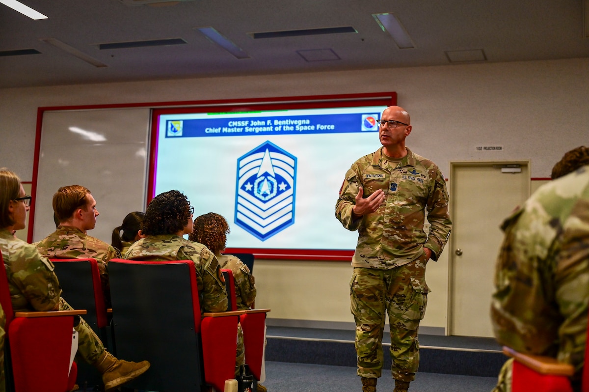 Chief Master Sgt. of the Space Force John Bentivegna, speaks with Airmen Leadership School students at Kadena Air Base, Japan, June 12, 2026. Bentivegna’s immersion emphasized the role of enlisted education in further mentoring the next generation of military leaders. (U.S. Air Force photo by Airman 1st Class Gracelyn Hess)