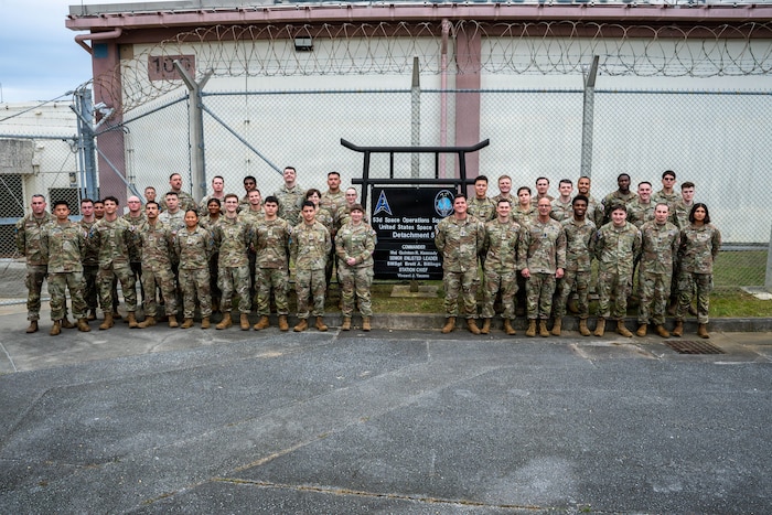 Chief Master Sgt. of the Space Force John Bentivegna, right, poses for a photo alongside U.S. Space Force Guardians assigned to the 53d Space Operations Squadron Detachment 5, at Fort Buckner, Japan, June 11, 2026. Bentivegna visited the unit to learn more about its mission and the role Guardians play in supporting space operations and joint force integration throughout the Indo-Pacific. (U.S. Air Force photo by Airman 1st Class Nathaniel Jackson)