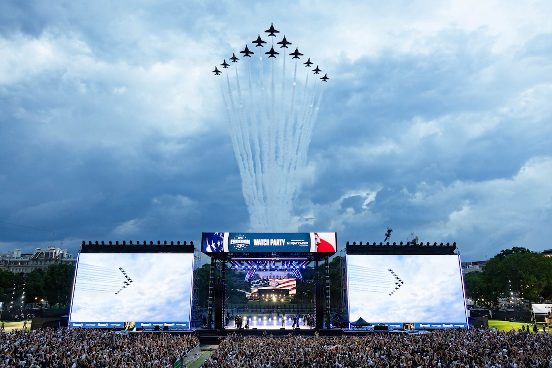 Twelve jets fly in a wing formation above big screens and a crowd of people who are at a watch party on a lawn, with a cloudy sky in the background.