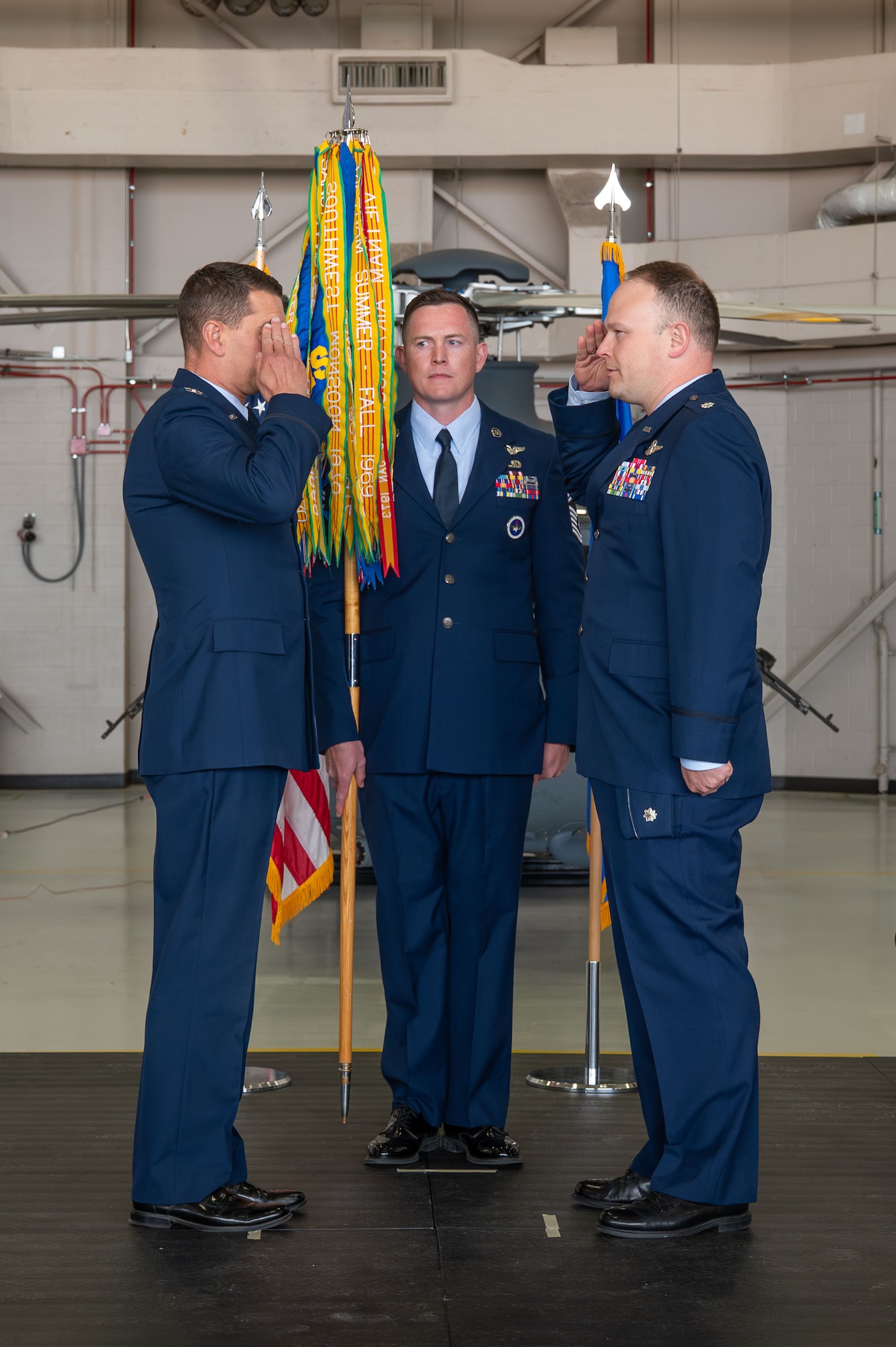 U.S. Air Force Lt. Col. Robert Arcand, right, incoming commander of the 40th Helicopter Squadron, salutes Col. Bryant Bevan, 582nd Helicopter Group commander, during a change of command ceremony at Malmstrom Air Force Base, Montana, June 11, 2026.