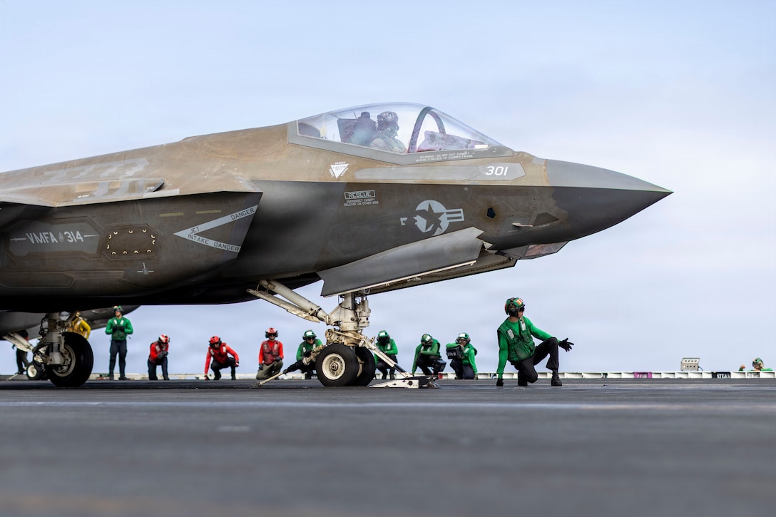 An F-35C Lightning II, attached to Marine Fighter Attack Squadron (VMFA) 314, prepares to launch from the flight deck of Nimitz-class aircraft carrier USS Abraham Lincoln (CVN 72), June 12, 2026. Abraham Lincoln is deployed to the U.S. 5th Fleet area of operations to support maritime security and stability in the Middle East. (U.S. Navy photo)