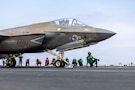 An F-35C Lightning II, attached to Marine Fighter Attack Squadron (VMFA) 314, prepares to launch from the flight deck of Nimitz-class aircraft carrier USS Abraham Lincoln (CVN 72), June 12, 2026. Abraham Lincoln is deployed to the U.S. 5th Fleet area of operations to support maritime security and stability in the Middle East. (U.S. Navy photo)