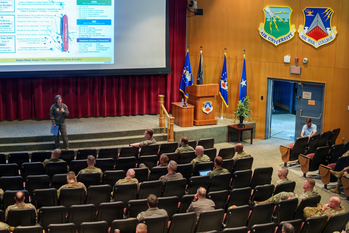Brig. Gen. Succaro speaks to attendees during the Air Reserve Component Seminar at Air War College.