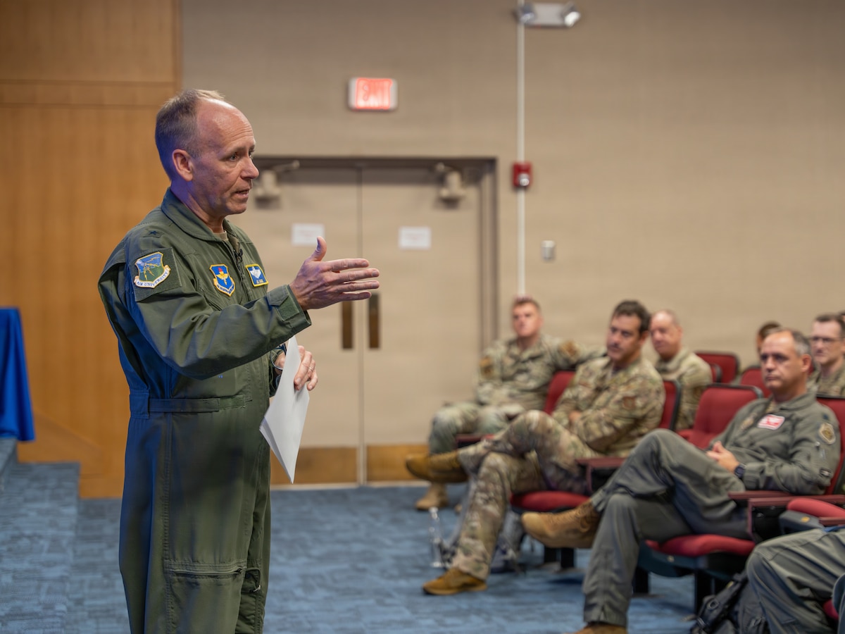 U.S. Air Force Brig. Gen. Joseph Janik, mobilization assistant to Air University commander, speaks to attendees during Agile Air War College event at Maxwell Air Force Base, Alabama, June 10, 2026.