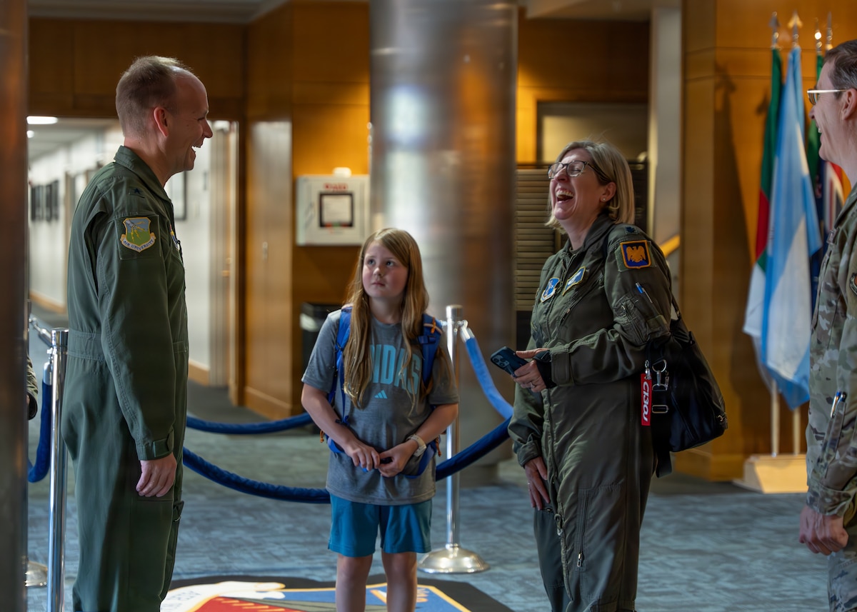 U.S. Air Force Brig. Gen. Joseph Janik, mobilization assistant to the Air University commander, speaks with an attendee before the start of Agile Air War College event at Maxwell Air Force Base, Alabama, June 10, 2026.