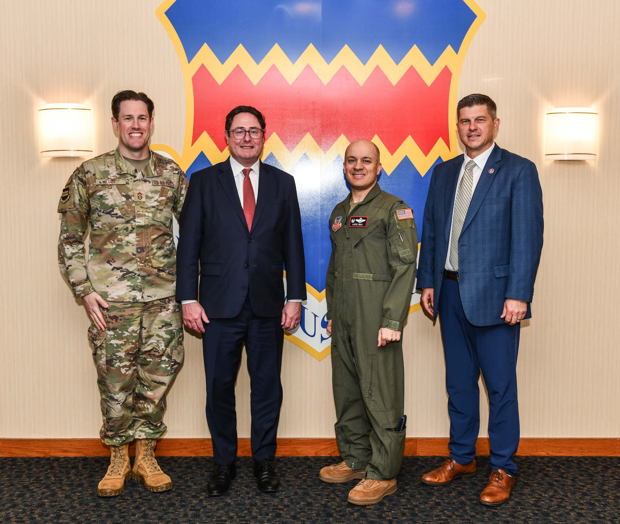 Chief Master Sgt. Alex Eudy, 55th Wing command chief, U.S. Representative Mike Flood, Nebraska District 1, Col. Aaron Gray, 55th Wing commander, and U.S. Representative Brad Finstad, Minnesota District 1, pose for a picture in the lobby of the 55th Wing headquarters building on Offutt Air Force Base, June 15, 2026. Flood and Finstad visited Offutt Air Force Base to assess progress on the installation’s recovery and modernization following the historic 2019 flood and discuss Offutt’s current and future mission requirements. The visit underscored Offutt’s strategic importance to national defense and the need for sustained investment to ensure the installation remains resilient, operationally relevant and prepared to support combatant commanders across the full spectrum of competition and conflict.
Offutt remains focused on war fighting readiness, developing mission-ready Airmen and delivering cutting-edge capabilities that provide a decision advantage to national leaders and joint force commanders. Through deliberate modernization, disciplined execution and a culture of innovation, Offutt is strengthening its position as a second-to-none innovation base — ready to meet today’s operational demands while developing the capabilities needed to deter, compete and prevail against future threats. (U.S. Air Force photo by Chad Watkins)