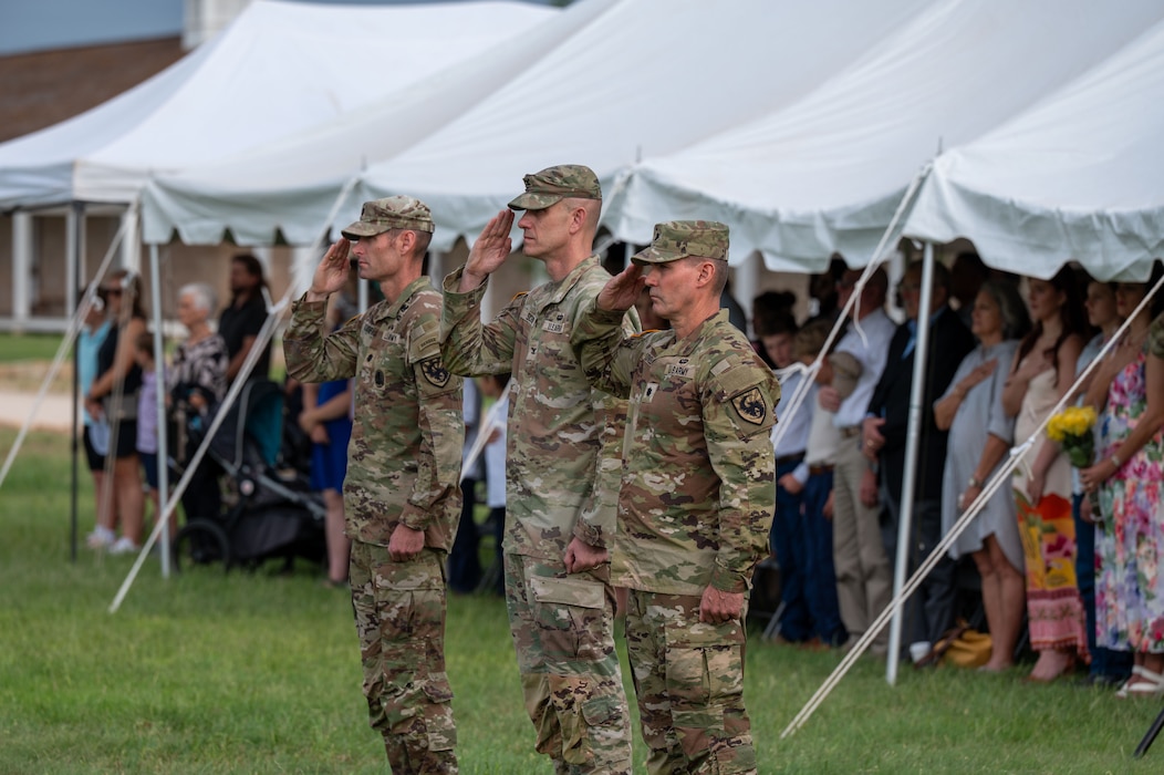 U.S. Army Lt. Col. Raymond Kuderka (left), outgoing 344th Military Intelligence Battalion commander, U.S. Army Col. Patrick Schorpp (middle), 111th Military Intelligence Brigade commander and U.S. Army Lt. Col. Jonathan “Matt” Lovelace (right), incoming 344th MIB commander, render a salute during the change of command ceremony at the Fort Concho parade grounds, San Angelo, Texas, June 12, 2026. Prior to assuming command, Lovelace served as an intelligence officer with Joint Task Force North and U.S. Central Command headquarters.  (U.S. Air Force photo by Senior Airman James Salellas)