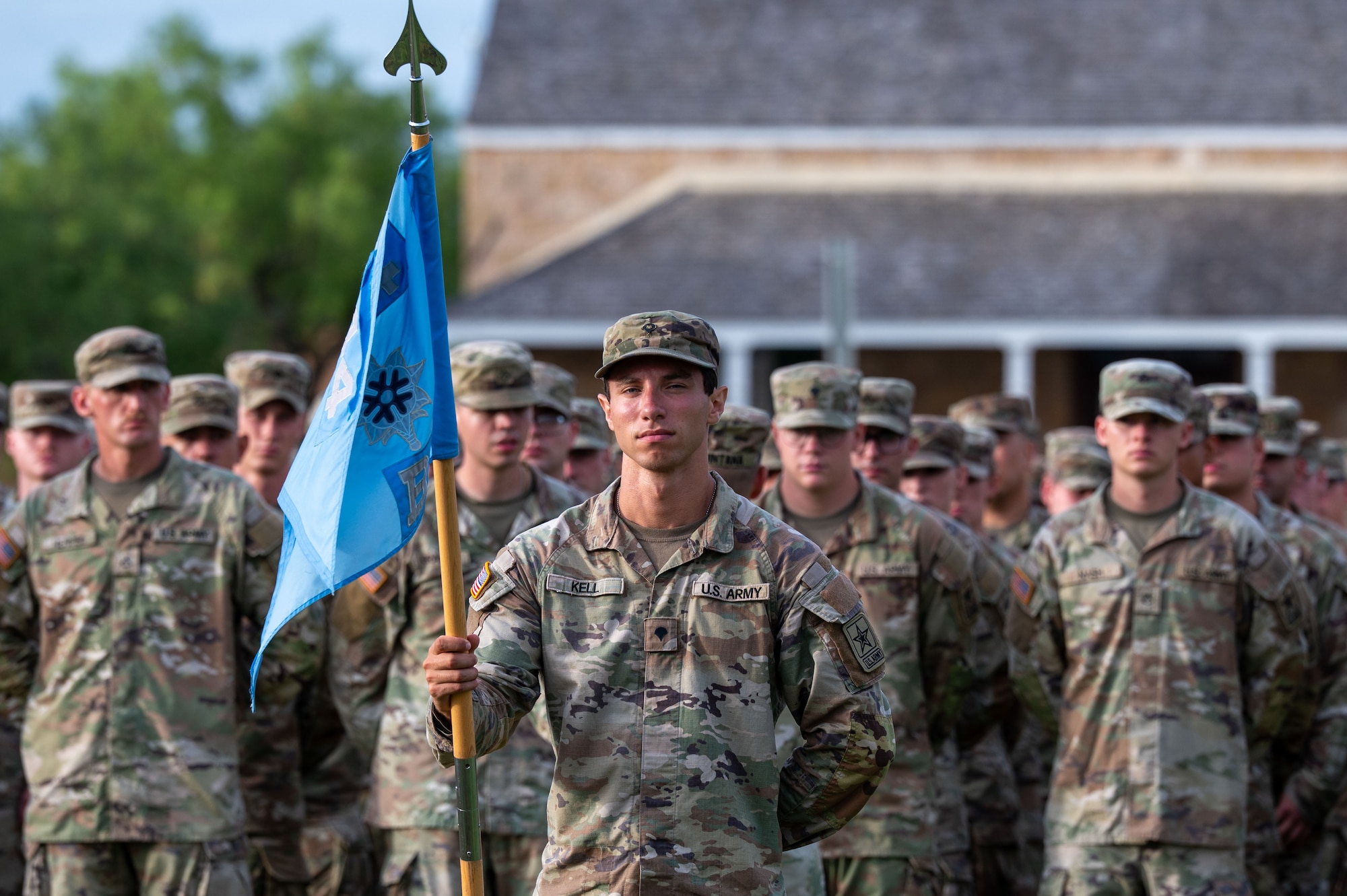 U.S. Army Soldiers assigned to the 344th Military Intelligence Battalion stand in formation during a change of command ceremony at the Fort Concho parade grounds, San Angelo, Texas, June 12, 2026. Lt. Col. Jonathan “Matt” Lovelace, incoming 344th MIB commander, will lead the Silent Sentinels and ensure Soldiers graduating from Goodfellow Air Force Base are tactically and technically competent and ready to join the Joint Team. (U.S. Air Force photo by Senior Airman James Salellas)