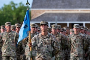 U.S. Army Soldiers assigned to the 344th Military Intelligence Battalion stand in formation during a change of command ceremony at the Fort Concho parade grounds, San Angelo, Texas, June 12, 2026. Lt. Col. Jonathan “Matt” Lovelace, incoming 344th MIB commander, will lead the Silent Sentinels and ensure Soldiers graduating from Goodfellow Air Force Base are tactically and technically competent and ready to join the Joint Team. (U.S. Air Force photo by Senior Airman James Salellas)