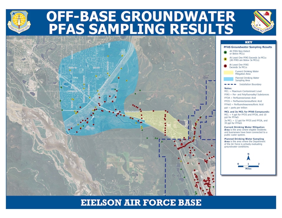 This graphic shows a map of off-base groundwater PFAS sampling results at Eielson Air Force Base, Alaska.