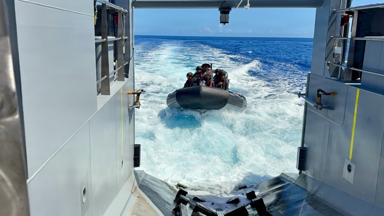Partners from the Freely Associated States of Micronesia, the U.S. Coast Guard Forces Micronesia/Sector Guam, and Australian Maritime Security Advisers under the Pacific Maritime Security Program, conduct underway boarding training during Operation Irensia 2026.