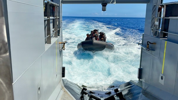 Partners from the Freely Associated States of Micronesia, the U.S. Coast Guard Forces Micronesia/Sector Guam, and Australian Maritime Security Advisers under the Pacific Maritime Security Program, conduct underway boarding training during Operation Irensia 2026.