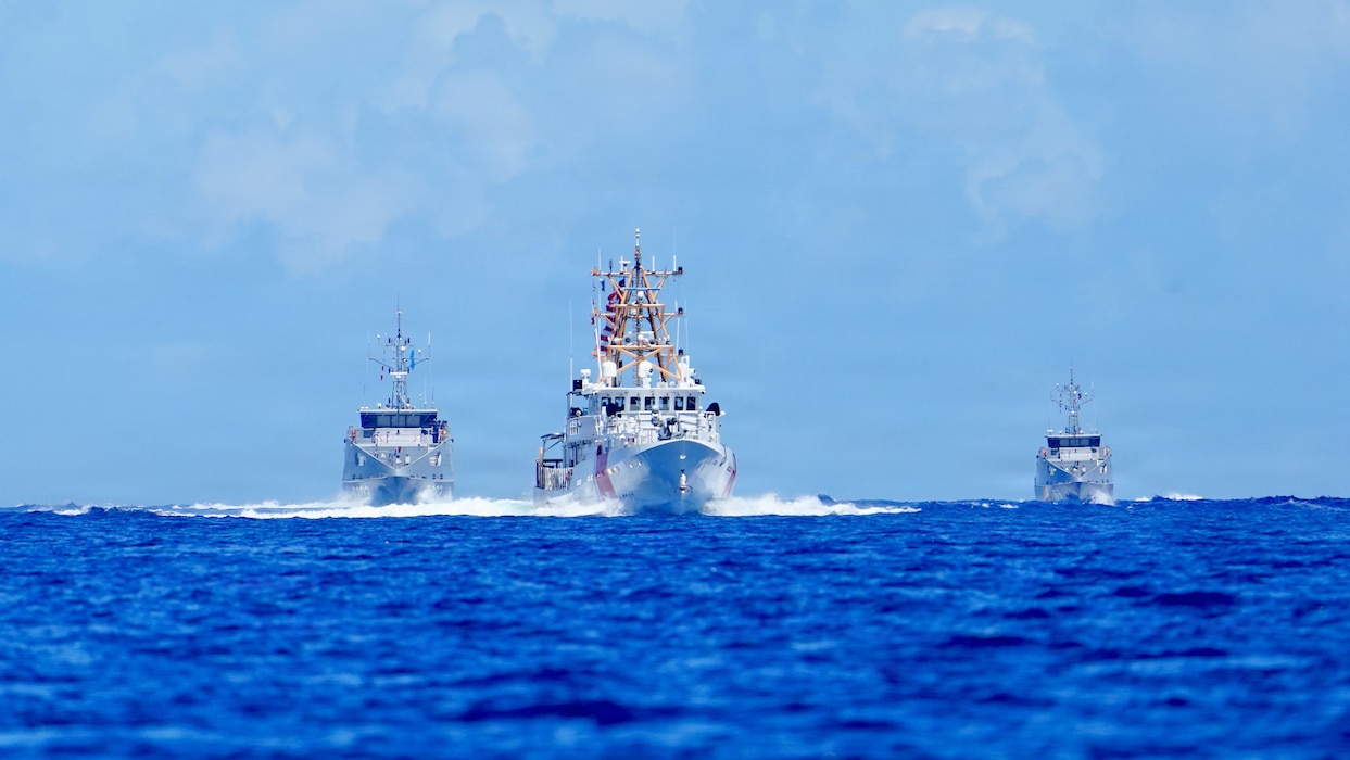Partners from the Freely Associated States of Micronesia, the U.S. Coast Guard Forces Micronesia/Sector Guam, and Australian Maritime Security Advisers under the Pacific Maritime Security Program, conduct a joint sail during Operation Irensia 2026.
