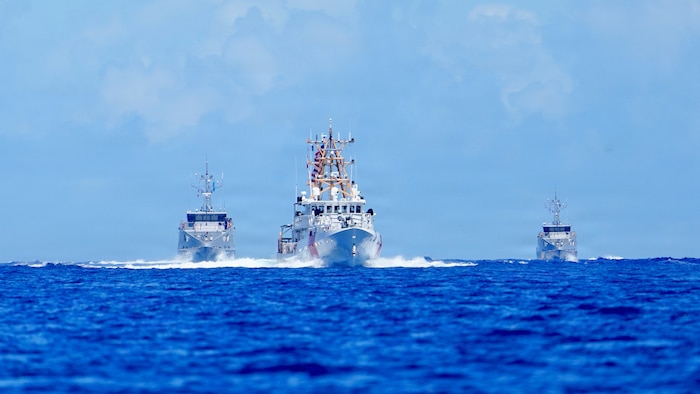 Partners from the Freely Associated States of Micronesia, the U.S. Coast Guard Forces Micronesia/Sector Guam, and Australian Maritime Security Advisers under the Pacific Maritime Security Program, conduct a joint sail during Operation Irensia 2026.
