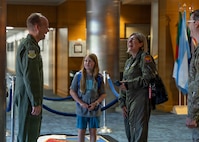 U.S. Air Force Brig. Gen. Joseph Janik, mobilization assistant to the Air University commander, speaks with an attendee before the start of Agile Air War College event at Maxwell Air Force Base, Alabama, June 10, 2026.
