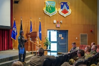 Brig. Gen. Succaro speaks to attendees during the Air Reserve Component Seminar at Air War College.