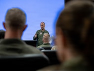 U.S. Air Force Brig. Gen. Joseph Janik, Mobilization Assistant to Air University commander, addresses attendees during Agile Air War College event at Maxwell Air Force Base, Alabama, June 10, 2026.