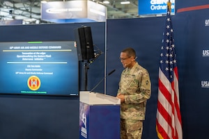 U.S. Army Col. Tom Noble, deputy commanding officer of the 10th Army Air and Missile Defense Command, and British Army Maj. Ben Johnston, G-5 plans officer, speak during AUSA’s Speakers Corner at Eurosatory 2026 in Paris, June 15, 2026. The presentation focused on the Eastern Flank Deterrence Initiative, innovation at the edge and the need for NATO allies and partners to adapt at the pace of change. Noble and Johnston highlighted how industry can support military initiatives such as Digital Shield, Project Bullfrog and the Flytrap series to help turn emerging ideas into practical capabilities for Soldiers. (U.S. Army photo by Maj. Alexander Watkins)