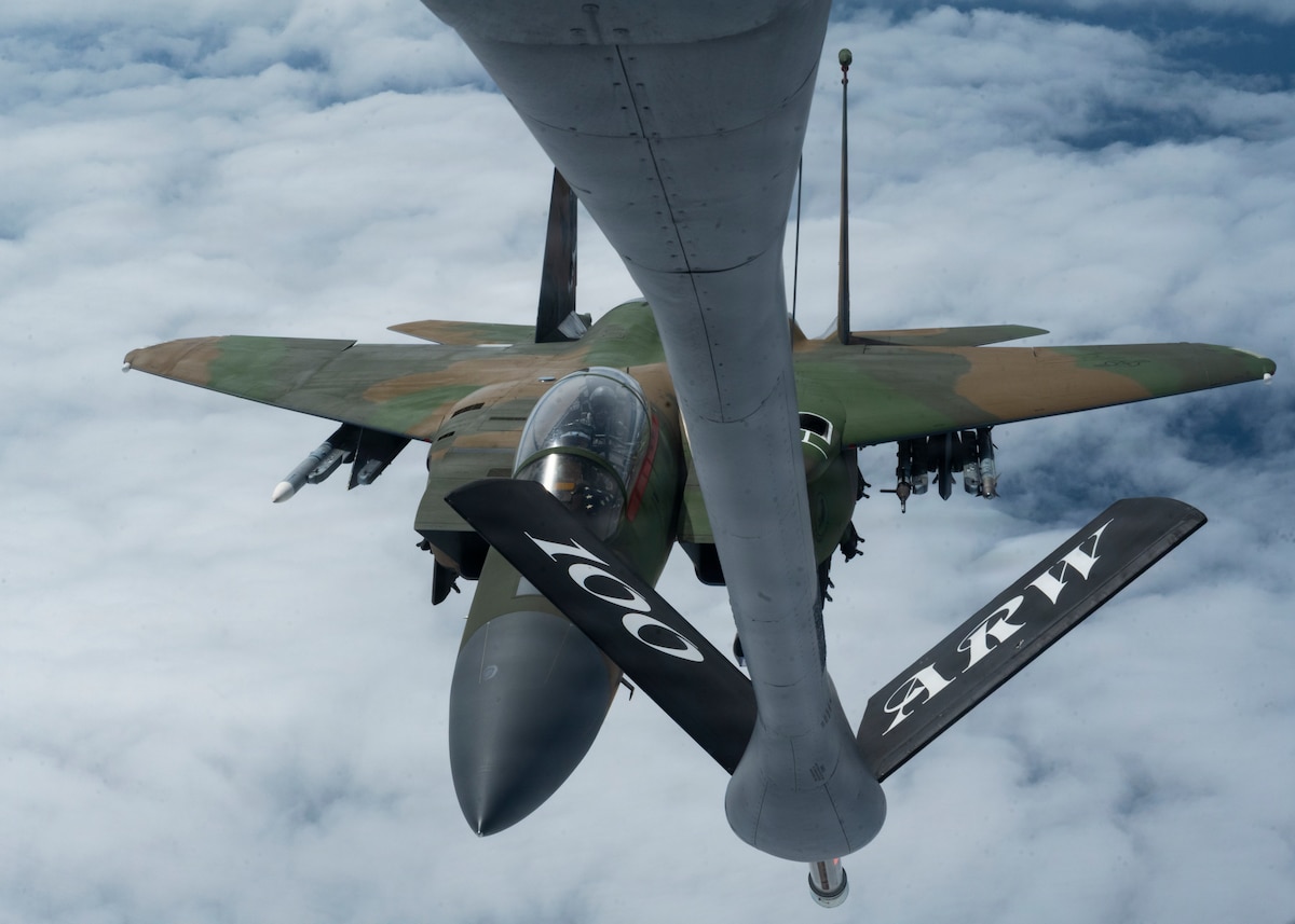 An Air Force F-15E Strike Eagle assigned to the 48th Fighter Wing approaches a KC-135 Stratotanker assigned to the 100th Air Refueling Wing to receive fuel during exercise Astral Knight 2026 over the North Sea, June 3, 2026. Aerial refueling operations enable combat aircraft to sustain missions across greater distances and for longer durations, strengthening interoperability and supporting tactical integrated air and missile defense during AK26.  (U.S. Air Force photo by Staff Sgt. Nash Truitt)