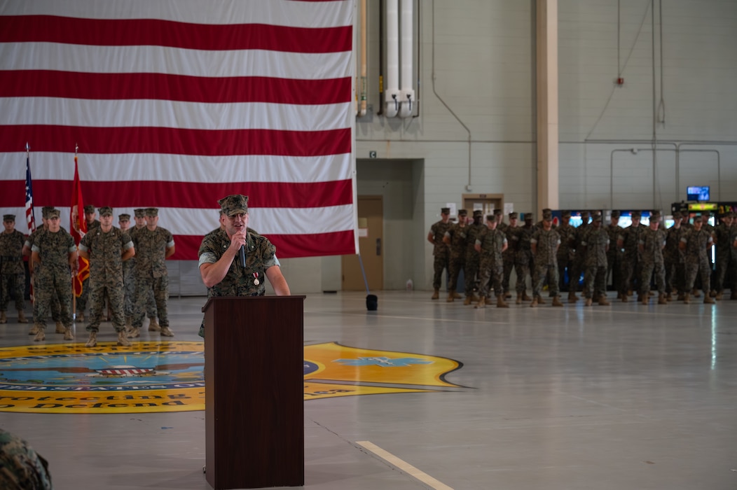 U.S. Marine Corps Lt. Col. Brian Meade, outgoing Marine Corps Detachment Goodfellow commanding officer, expresses his gratitude during a change of command ceremony at the Louis F. Garland Department of War Fire Academy, Goodfellow Air Force Base, Texas, June 12, 2026. For the past two years, Meade has commanded MCD Goodfellow and overseen the training of signals intelligence and expeditionary firefighting and rescue Marines in order to deliver technically proficient, combat-capable Marines to the operating force and supporting establishment. (U.S. Air Force photo by Senior Airman Brian Lummus)