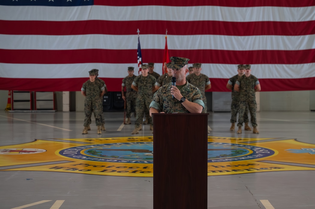 U.S. Marine Corps Col. James C. Ford III, Marine Aviation Training Support Group 22 commanding officer, speaks during the Marine Corps Detachment Goodfellow change of command ceremony at the Louis F. Garland Department of War Fire Academy, Goodfellow Air Force Base, Texas, June 12, 2026. MCD Goodfellow helps MATSG-22 reinforce Marine Corps values, warfighting ethos, principles and competencies to provide the best trained Marines to the Fleet Marine Force. (U.S. Air Force photo by Senior Airman Brian Lummus)