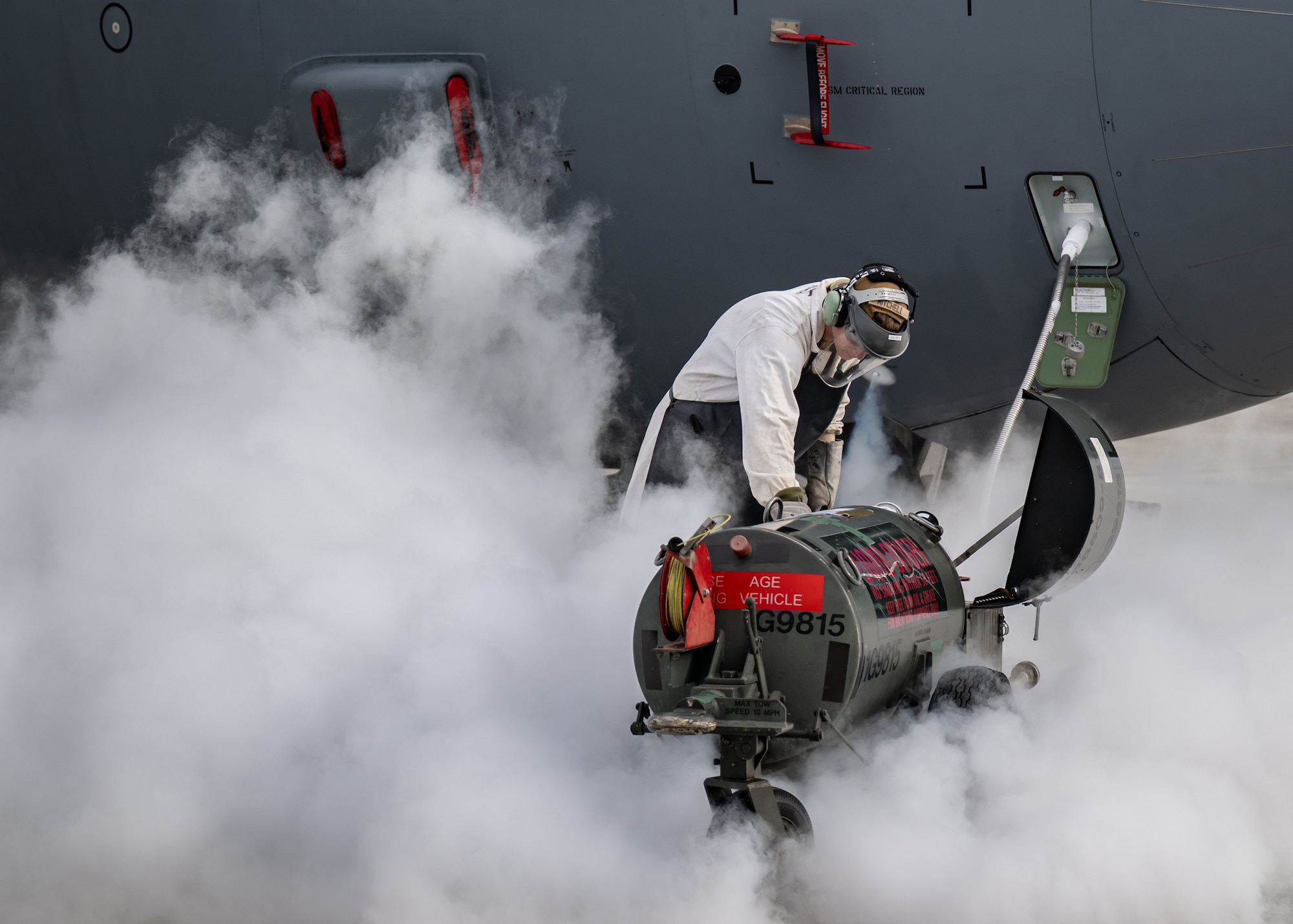 U.S. Air Force Senior Airman Joseph Mitchell, a crew chief assigned to the 123rd Airlift Wing, Kentucky Air National Guard, loads liquid oxygen into a C-130J Super Hercules aircraft at Karup Air Base, Denmark, June 8, 2026. The 123rd AW is providing tactical airlift support to NATO Allies throughout the month of June in support of Ramstein Flag 2026, an Allied Air Command large-scale, multi-location and joint operating area exercise with 18 participating nations and more than 200 aircraft. (U.S. Air National Guard photo by Lt. Col. Dale Greer)