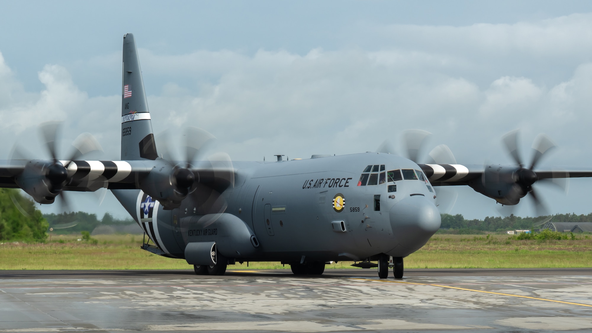 A U.S. Air Force C-130J Super Hercules aircraft assigned to the 123rd Airlift Wing, Kentucky Air National Guard, departs Karup Air Base, Denmark, June 8, 2026, for an airlift mission to Norway. The 123rd AW is providing tactical airlift support to NATO Allies throughout the month of June in support of Ramstein Flag 2026, an Allied Air Command large-scale, multi-location and joint operating area exercise with 18 participating nations and more than 200 aircraft. (U.S. Air National Guard photo by Lt. Col. Dale Greer)
