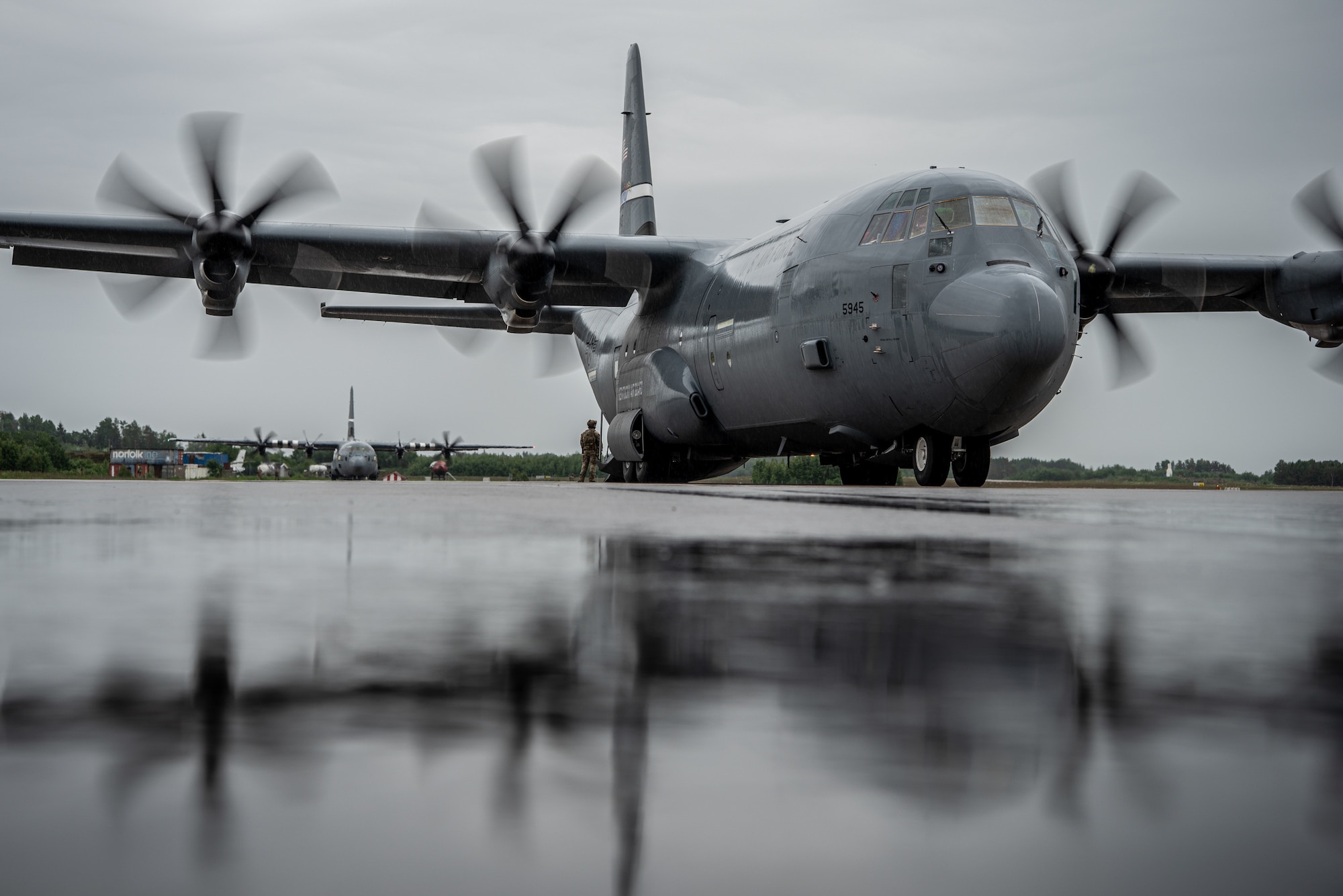 Two U.S. Air Force C-130J Super Hercules aircraft assigned to the 123rd Airlift Wing, Kentucky Air National Guard, stand by for Danish Armed Forces Air Mobile Protection and Recovery teams to deploy at Rygge Air Station, Norway, June 9, 2026. The 123rd AW is providing tactical airlift to NATO Allies throughout the month of June in support of Ramstein Flag 2026, an Allied Air Command large-scale, multi-location and joint operating area exercise with 18 participating nations and more than 200 aircraft. (U.S. Air National Guard photo by Master Sgt. Joshua Horton)