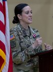 Chief Warrant Officer 3 Jennifer Rosa, the 33rd Infantry Brigade Combat Team’s Human Resources technician, thanks family, friends, and fellow Soldiers for their support throughout her 25 years of service with the Illinois Army National Guard during a retirement ceremony June 5 at the brigade headquarters in Urbana.