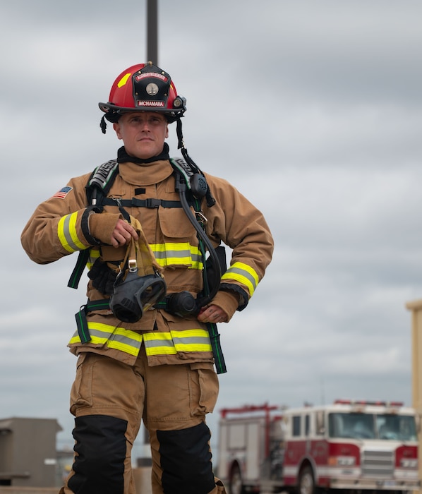 U.S. Air Force firefighter prepares for an emergency response operation exercise at the Louis F. Garland Department of War Fire Academy, Goodfellow Air Force Base, Texas, June 10, 2026.