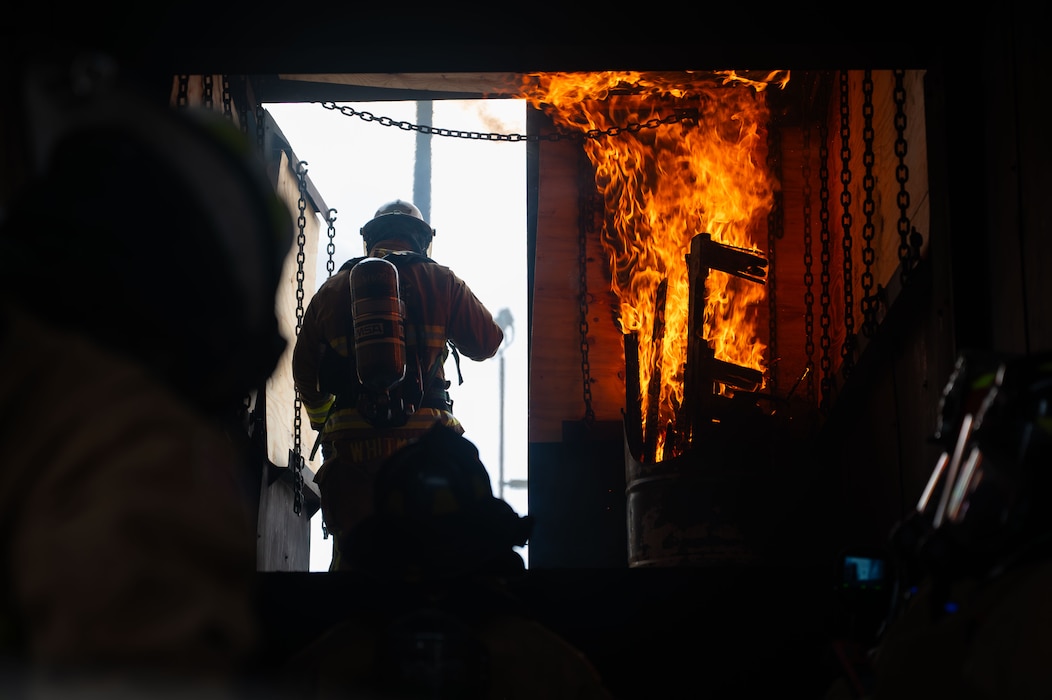 U.S. Air Force firefighters participate in an emergency response operation exercise at the Louis F. Garland Department of War Fire Academy, Goodfellow Air Force Base, Texas, June 10, 2026.