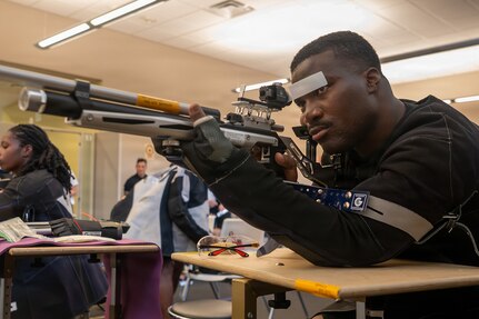 U.S. Army Sgt. Elon Smith aims downrange during a precision air rifle training session at the 2026 Warrior Games Training Camp in San Antonio, Texas, June 10, 2026.