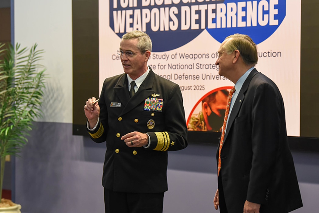 NDU President VAMD Peter Garvin and Dr. Robert Kadlec, Assistant Secretary of War for Nuclear Deterrence, Chemical, and Biological Defense, Policy and Programs, at the Biological Weapons Deterrence Rollout Event on 12 March 2026.