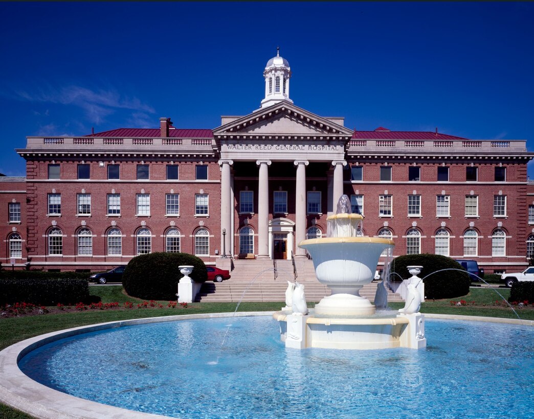 The front of a historic hospital building