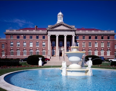 The front of a historic hospital building