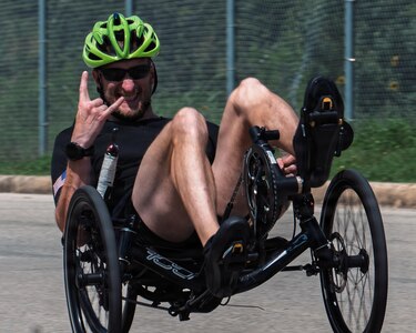 U.S. Army Chief Warrant Officer 3 Cody Edgerton participates in a cycling training session for the 2026 Warrior Games in San Antonio, Texas, June 10, 2026.