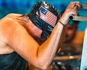 U.S. Army Maj. Mandy Feindt waits patiently at the starting block during a swimming training event at the 2026 Warrior Games at Joint Base San Antonio, Texas, June 10, 2026.