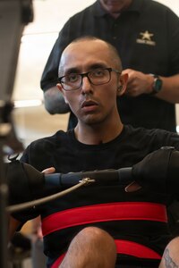 U.S. Army Spc. Jeyson Ruiz trains on an indoor rowing machine during Warrior Games training camp in San Antonio, Texas, June 10, 2026.