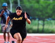 U.S. Army Staff Sgt. Mercedes Rangel sprints during a track training session for the 2026 Warrior Games at Joint Base San Antonio, Texas, June 12, 2026