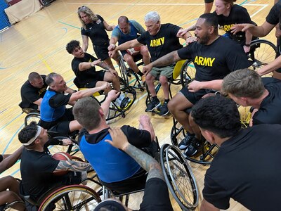 Team Army competitors participate in wheelchair basketball training for the 2026 Warrior Games in San Antonio, Texas, June 10, 2026.