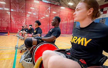 Team Army Competitors participate in wheelchair rugby training for the 2026 Warrior Games in San Antonio, Texas, June 9, 2026.