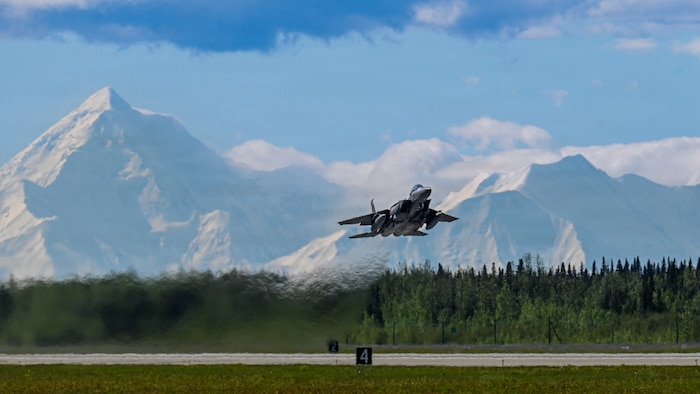 A F-15 Strike Eagle assigned to the 428th Fighter Squadron from Mountain Home Air Force Base, Idaho, takes off from the flight line at Eielson Air Force Base, Alaska, during RED FLAG-Alaska 26-2, June 1, 2026. The 428th FS is composed of U.S. Air Force and Republic of Singapore Air Force personnel and provides long-term F-16 training for RSAF pilots and maintenance crews. RF-A 26-2 training spans from individual skills to complex, large-scale joint engagements. (U.S. Air Force photo by Tech. Sgt. Kentavist P. Brackin)
