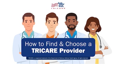 TRICARE logo; text reads: "How to Find and Choose a TRICARE Provider." Cutout figures of four providers smiling and wearing stethoscopes and lab coats.