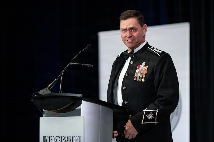 Gen. Chance Saltzman speaks at a podium.